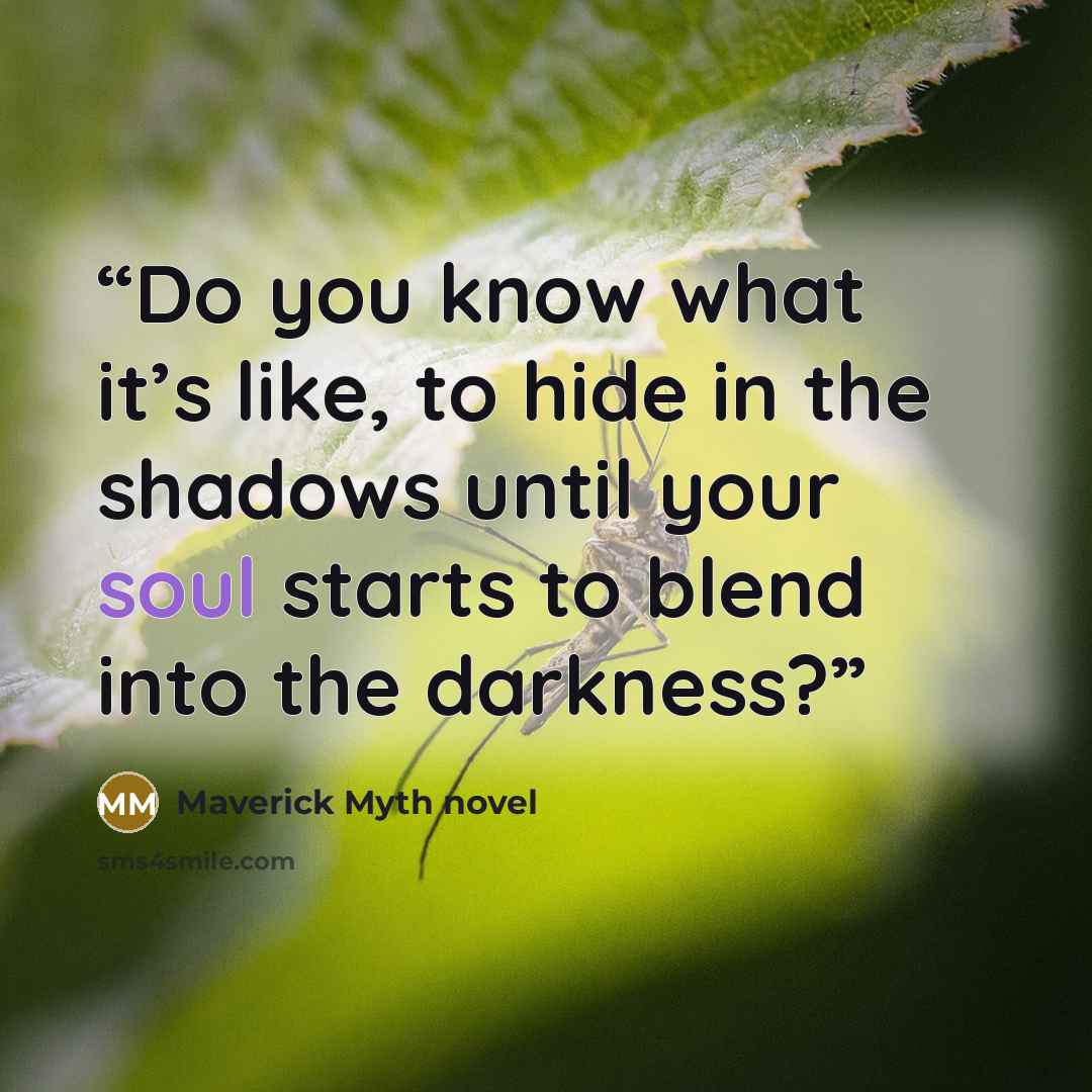 “Do you know what it’s like, to hide in the shadows until your soul starts to blend into the darkness?” quote by Maverick Myth novel