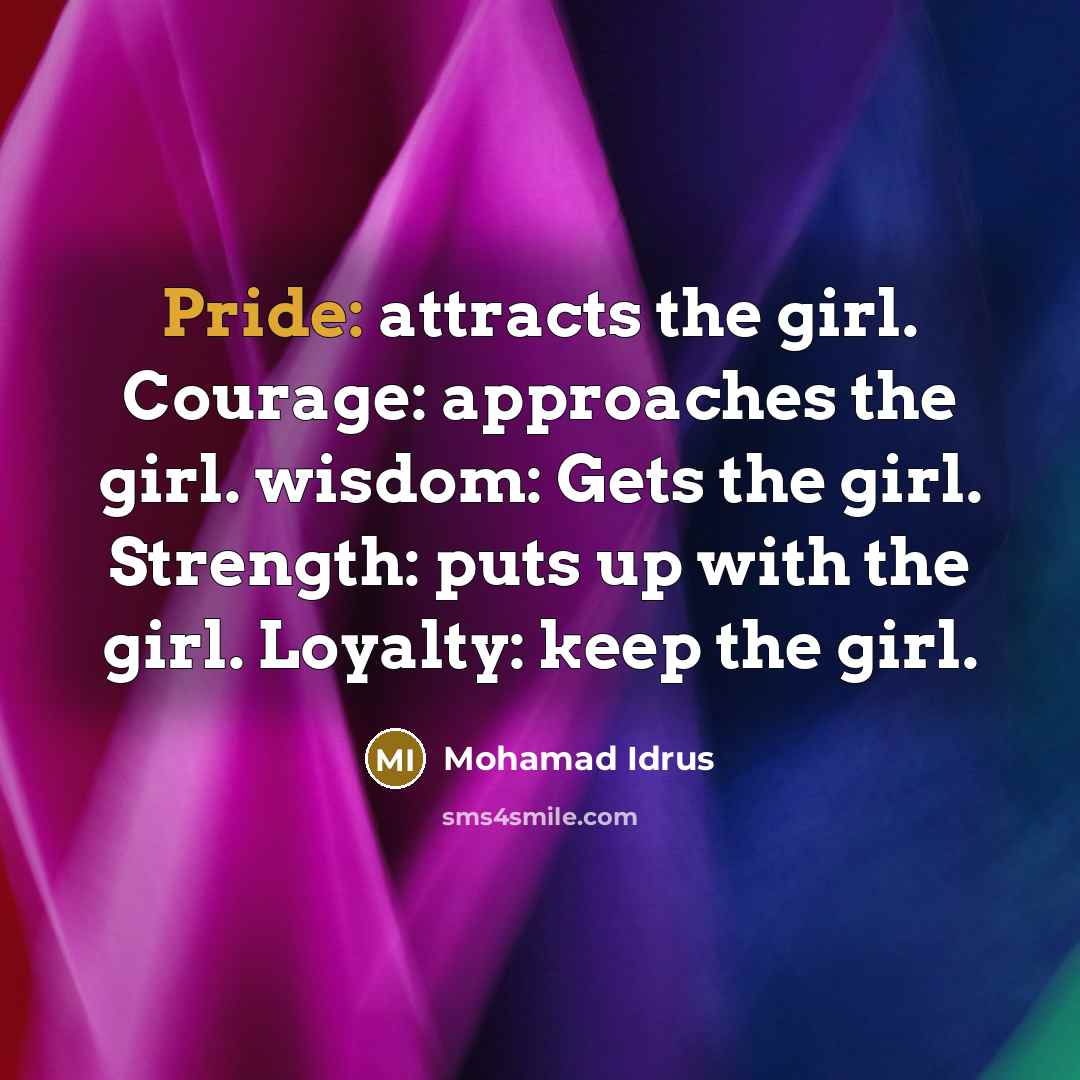 “Pride: attracts the girl. Courage: approaches the girl. wisdom: Gets…” quote by Mohamad Idrus