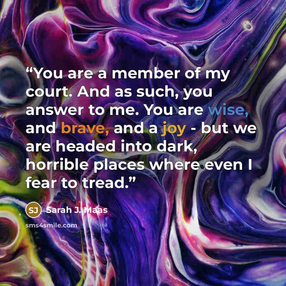 “You are a member of my court. And as such, you answer to me. You are wise, and brave, and a joy - but we are headed into dark, horrible places where even I fear to tread.” quote by Sarah J. Maas
