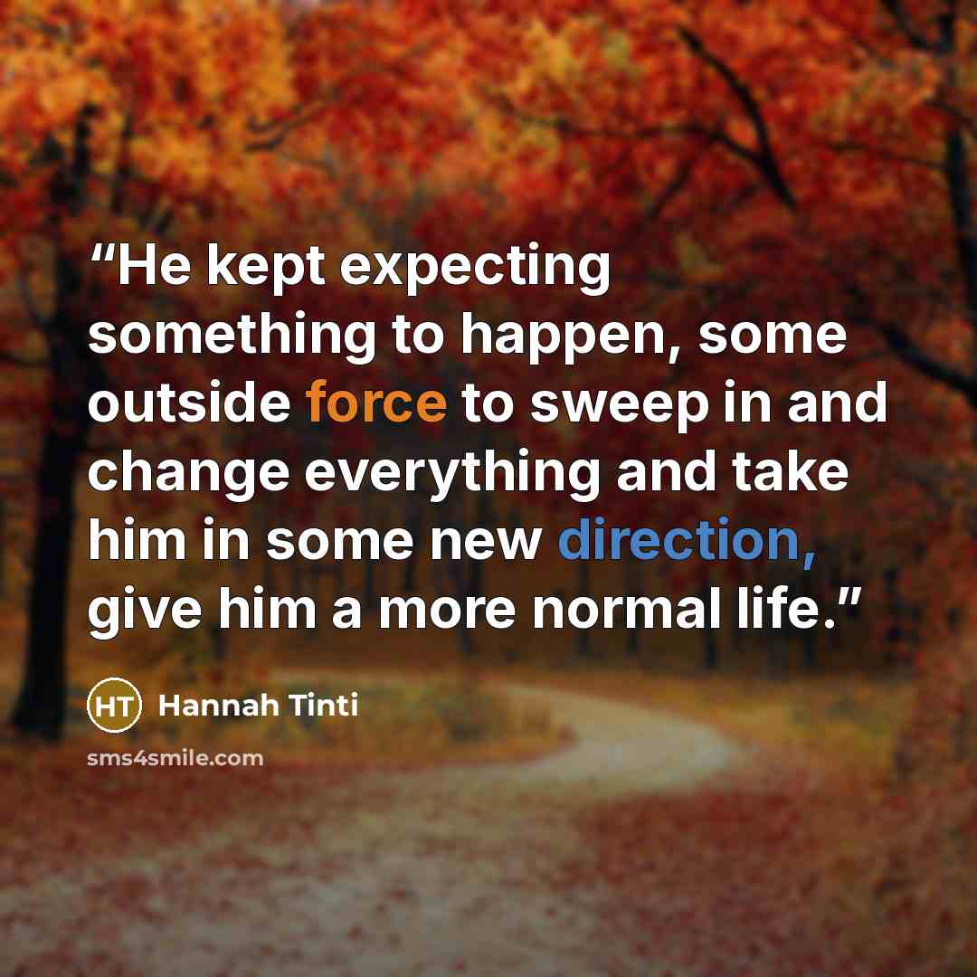 “He kept expecting something to happen, some outside force to sweep in and change everything and take him in some new direction, give him a more normal life.” quote by Hannah Tinti