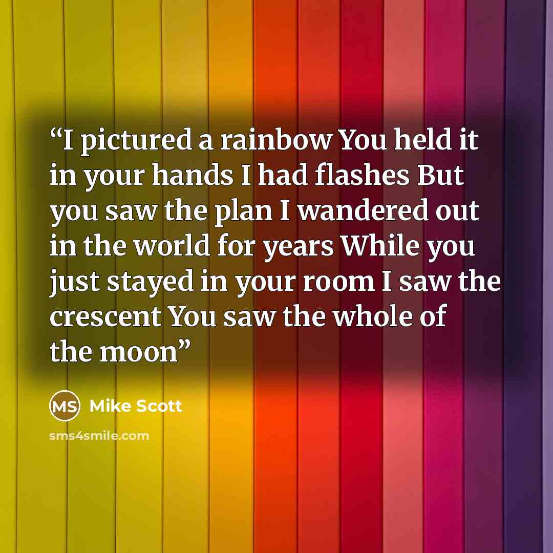 “I pictured a rainbow You held it in your hands I had flashes But you saw the plan I wandered out in the world for years While you just stayed in your room I saw the crescent You saw the whole of the moon” quote by Mike Scott