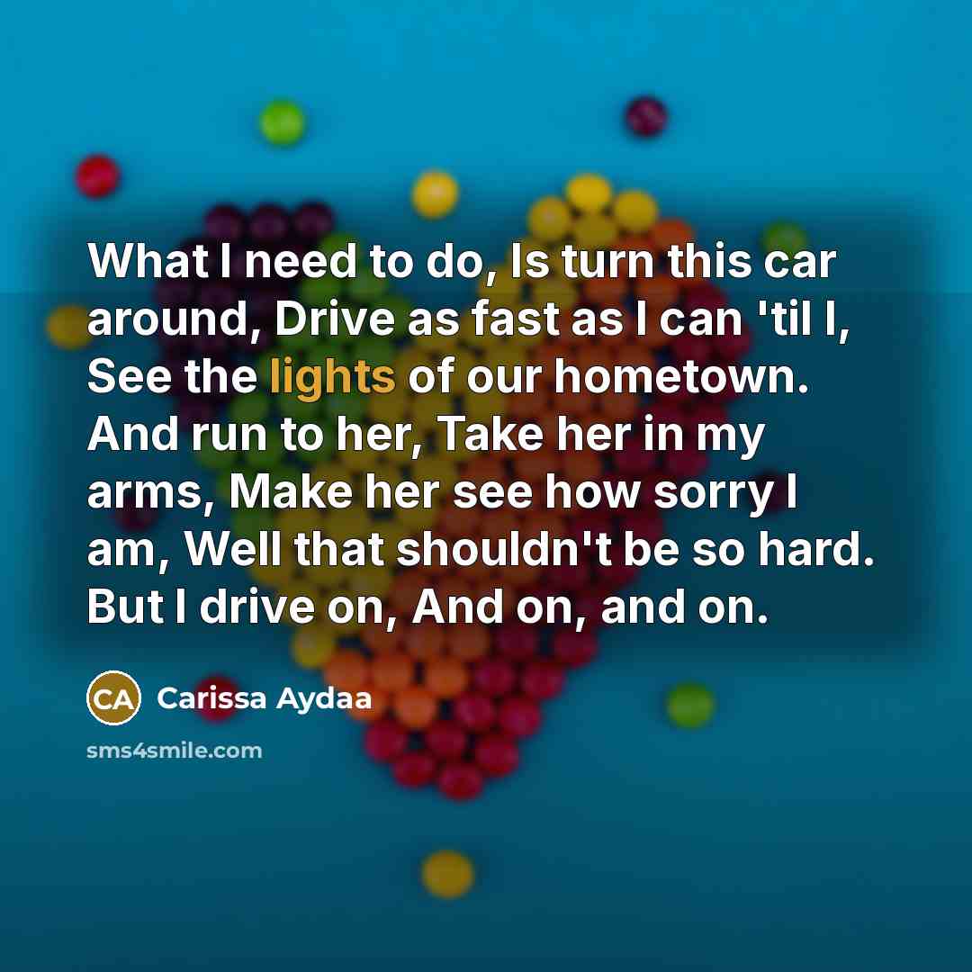 “What I need to do, Is turn this car around, Drive as fast as I can 'til I, See the lights of our hometown. And run to her, Take her in my arms, Make her see how sorry I am, Well that shouldn't be so hard. But I drive on, And on, and on.” quote by Carissa Aydaa