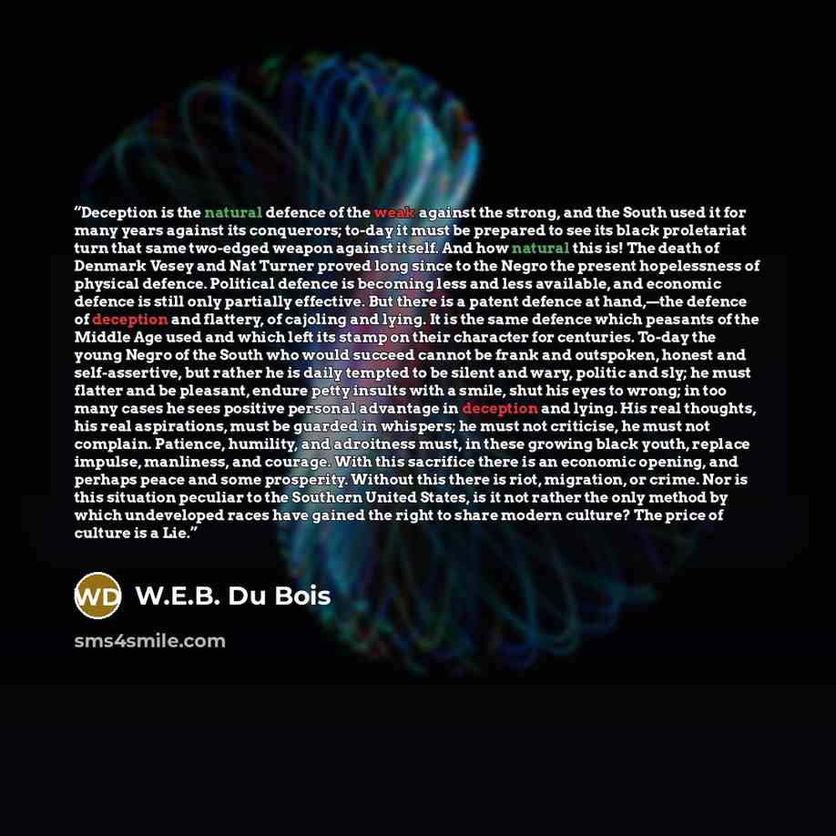 “Deception is the natural defence of the weak against the strong, and the South used it for many years against its conquerors; to-day it must be prepared to see its black proletariat turn that same two-edged weapon against itself. And how natural this is! The death of Denmark Vesey and Nat Turner…” quote by W.E.B. Du Bois