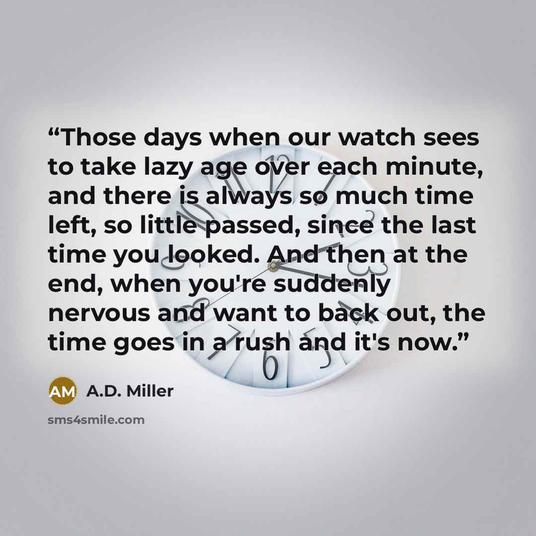 “Those days when our watch sees to take lazy age over each minute, and there is always so much time left, so little passed, since the last time you looked. And then at the end, when you're suddenly nervous and want to back out, the time goes in a rush and it's now.” quote by A.D. Miller