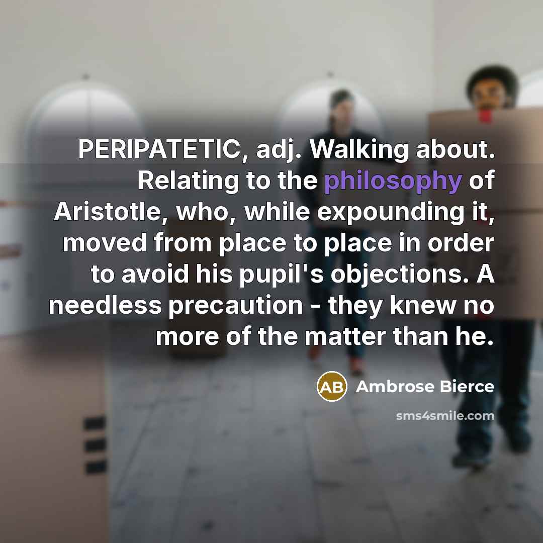 “PERIPATETIC, adj. Walking about. Relating to the philosophy of Aristotle, who, while expounding it, moved from place to place in order to avoid his pupil's objections. A needless precaution - they knew no more of the matter than he.” quote by Ambrose Bierce
