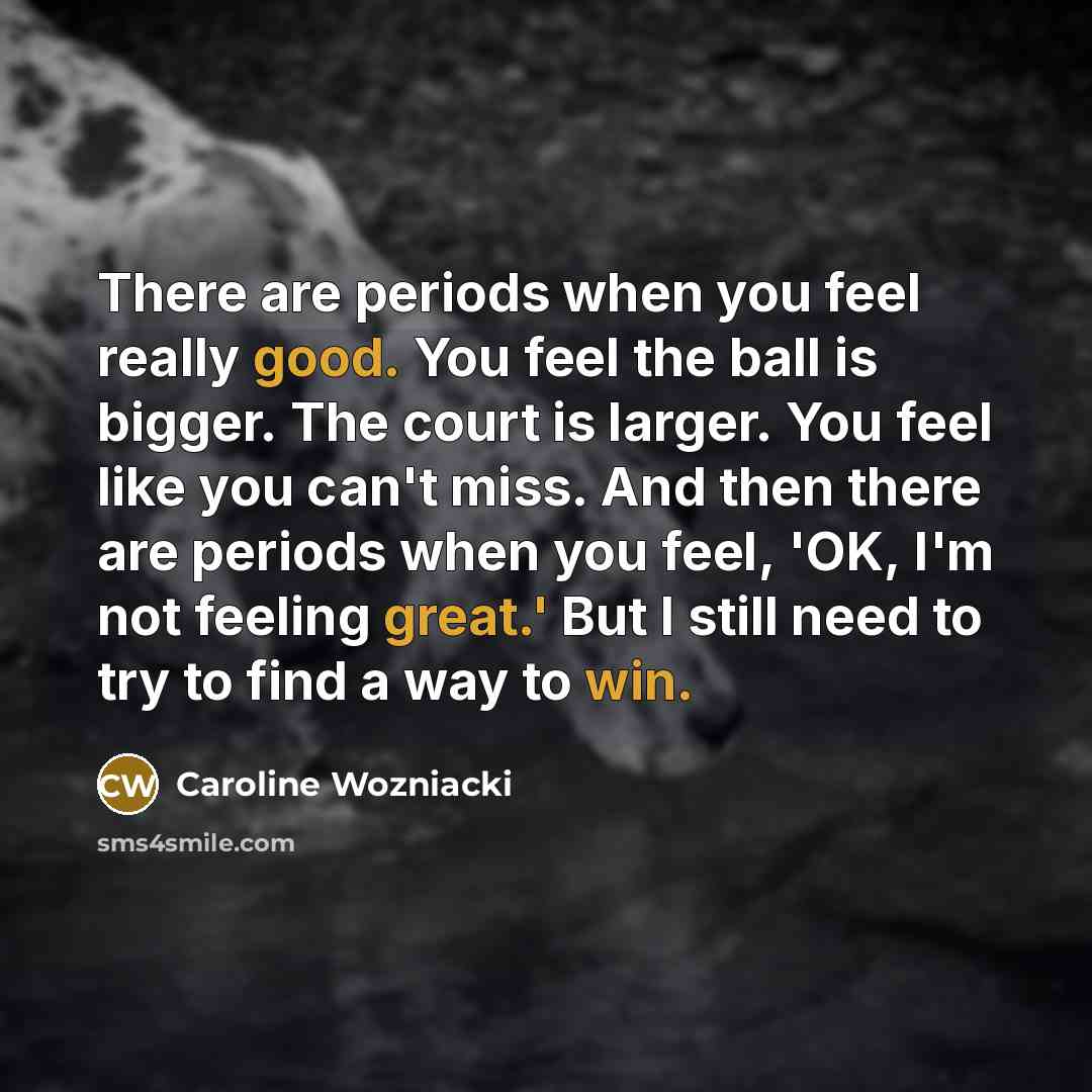 “There are periods when you feel really good. You feel the ball is bigger. The court is larger. You feel like you can't miss. And then there are periods when you feel, 'OK, I'm not feeling great.' But I still need to try to find a way to win.” quote by Caroline Wozniacki