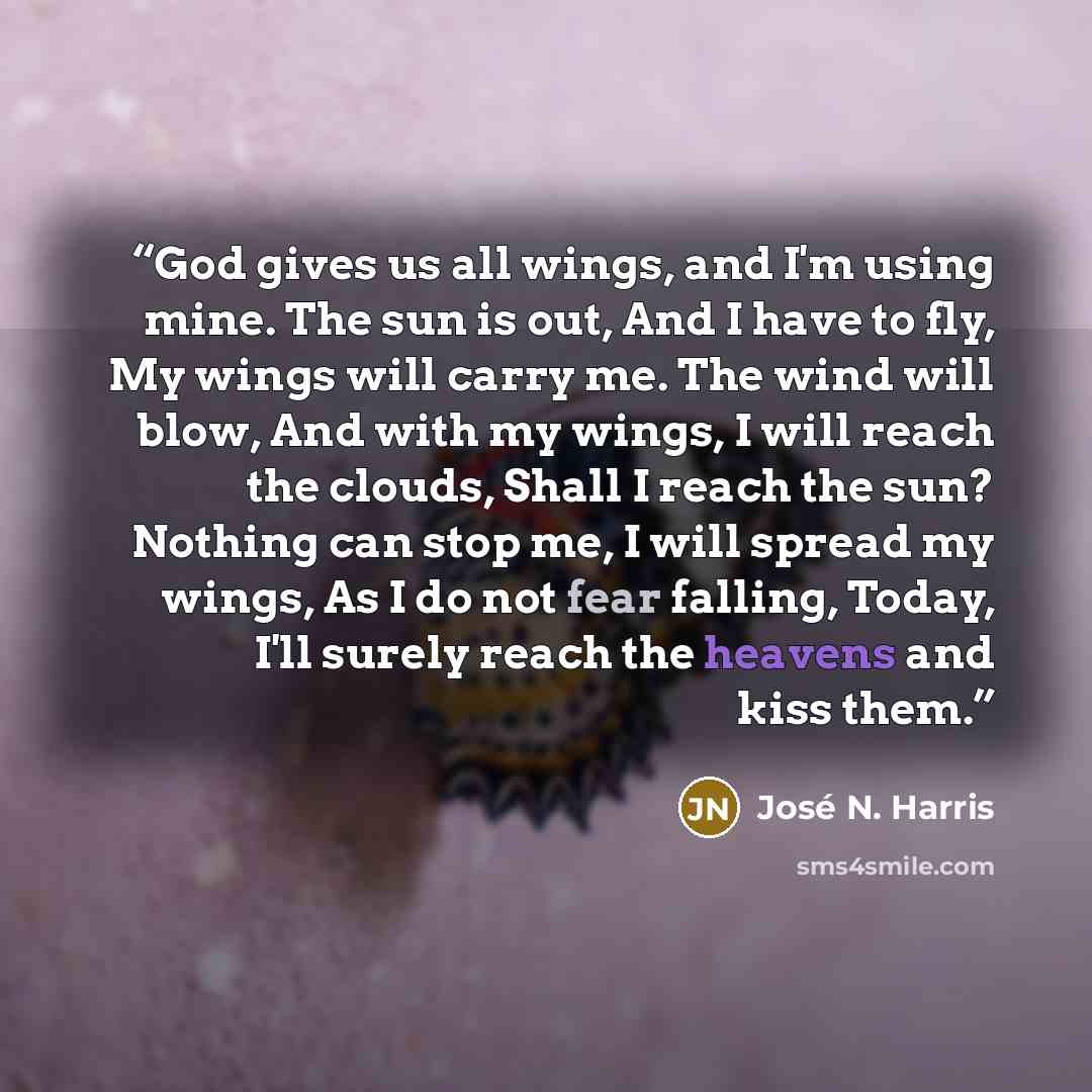 “God gives us all wings, and I'm using mine. The sun is out, And I have to fly, My wings will carry me. The wind will blow, And with my wings, I will reach the clouds, Shall I reach the sun? Nothing can stop me, I will spread my wings, As I do not fear falling, Today, I'll surely reach the heavens…” quote by José N. Harris