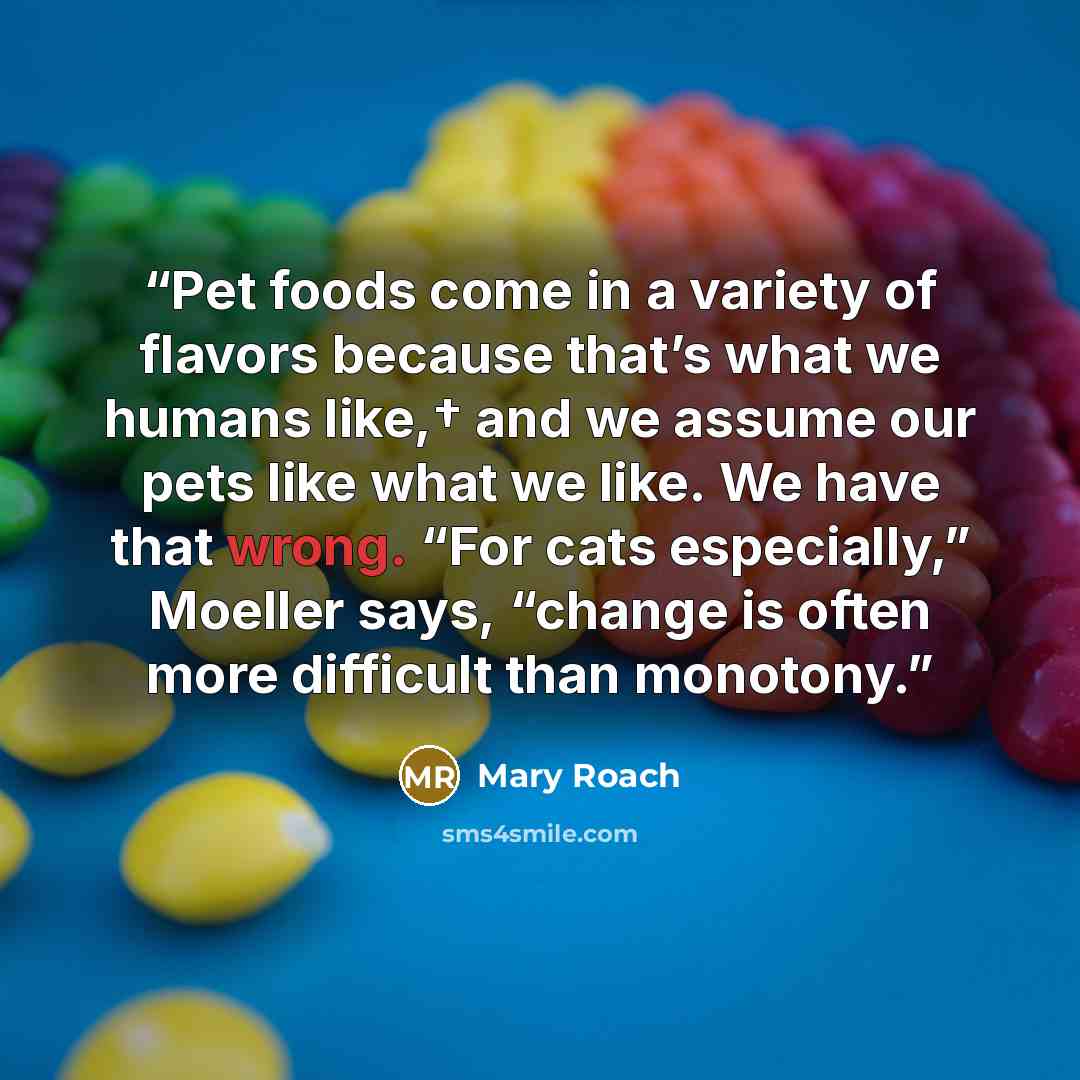 “Pet foods come in a variety of flavors because that’s what we humans like,† and we assume our pets like what we like. We have that wrong. “For cats especially,” Moeller says, “change is often more difficult than monotony.” quote by Mary Roach