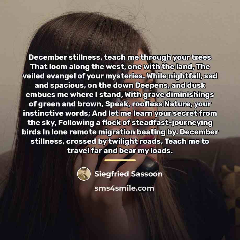 “December stillness, teach me through your trees That loom along…” quote by Siegfried Sassoon