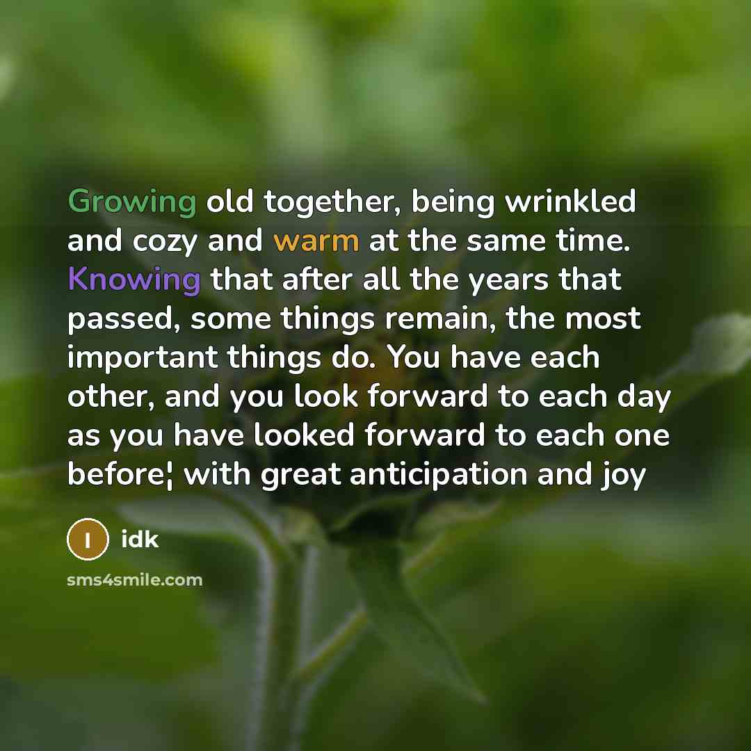 “Growing old together, being wrinkled and cozy and warm at the same time. Knowing that after all the years that passed, some things remain, the most important things do. You have each other, and you look forward to each day as you have looked forward to each one before¦ with great anticipation and…” quote by Idk