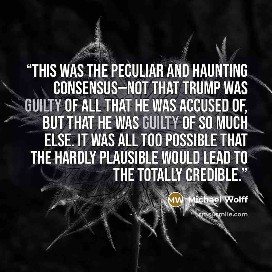“This was the peculiar and haunting consensus—not that Trump was guilty of all that he was accused of, but that he was guilty of so much else. It was all too possible that the hardly plausible would lead to the totally credible.” quote by Michael Wolff