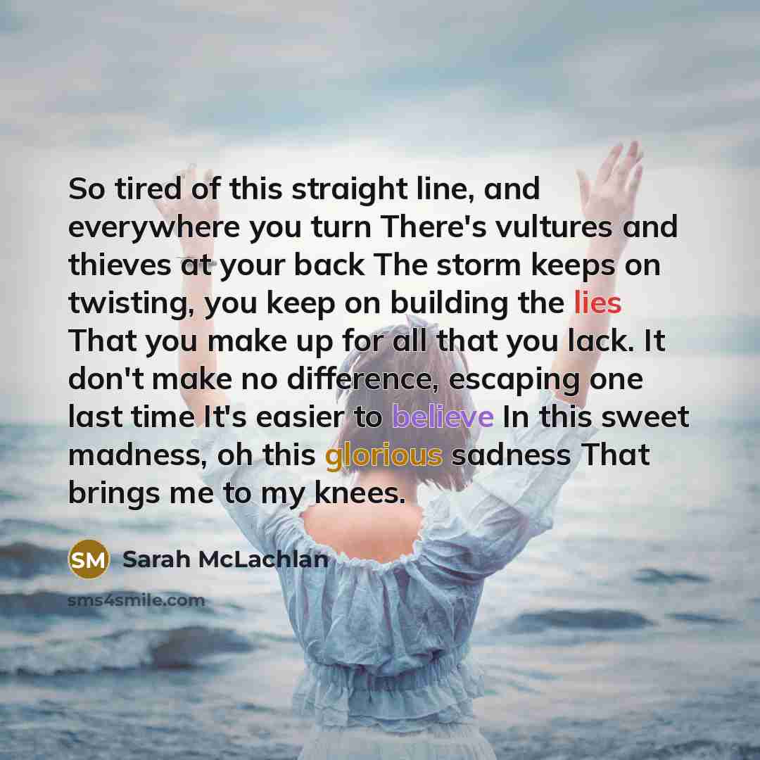 “So tired of this straight line, and everywhere you turn…” quote by Sarah McLachlan
