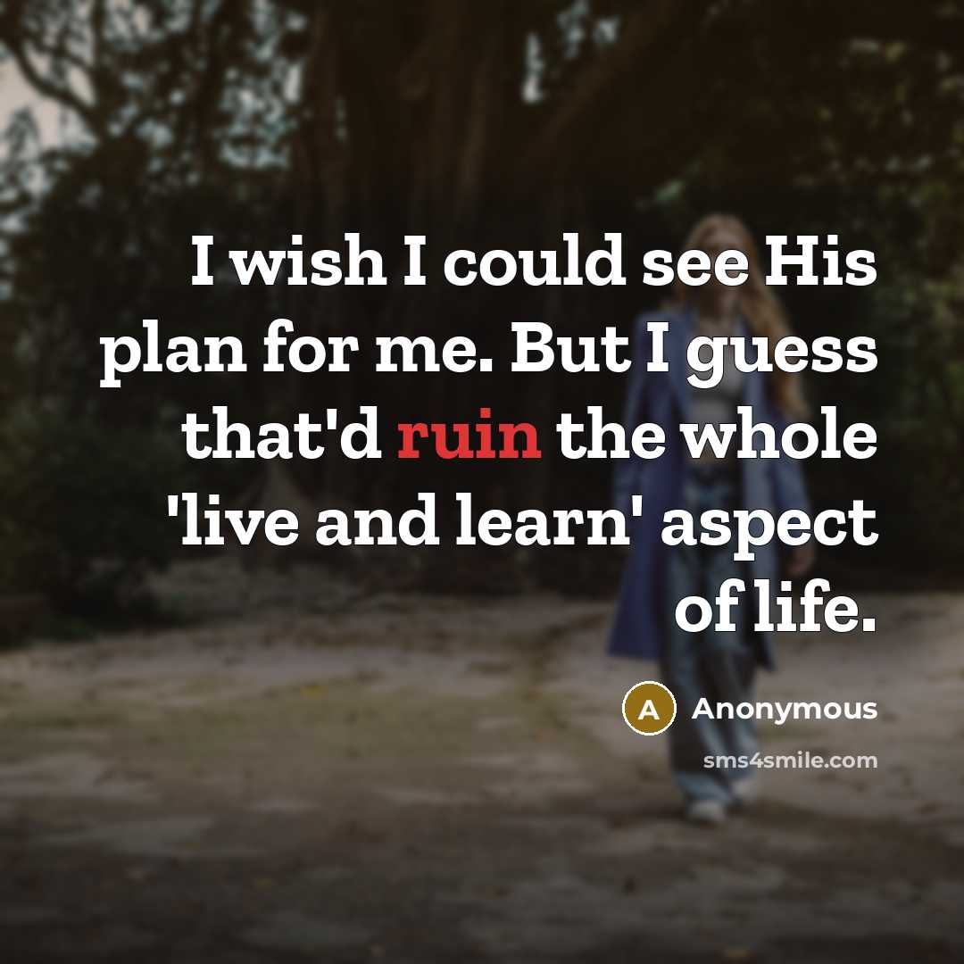 “I wish I could see His plan for me. But I guess that'd ruin the whole 'live and learn' aspect of life.” quote by Anonymous