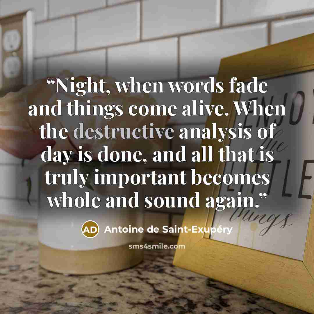 “Night, when words fade and things come alive. When the destructive analysis of day is done, and all that is truly important becomes whole and sound again.” quote by Antoine de Saint-Exupery