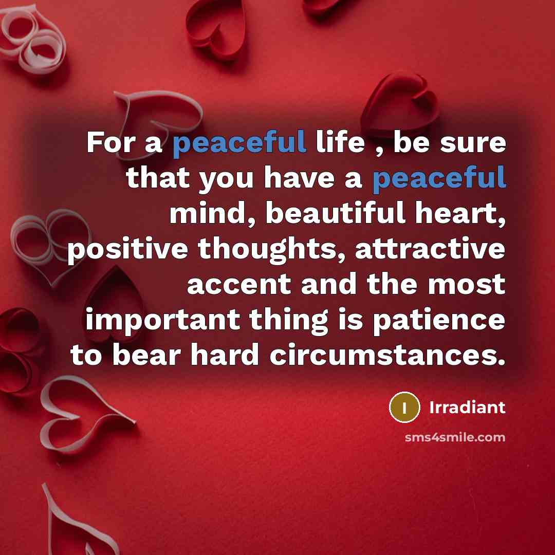 “For a peaceful life , be sure that you have a peaceful mind, beautiful heart, positive thoughts, attractive accent and the most important thing is patience to bear hard circumstances.” quote by Irradiant