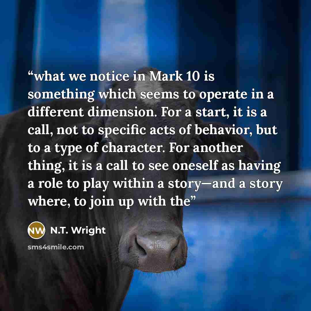 “what we notice in Mark 10 is something which seems to operate in a different dimension. For a start, it is a call, not to specific acts of behavior, but to a type of character. For another thing, it is a call to see oneself as having a role to play within a story—and a story where, to join up with…” quote by N.T. Wright
