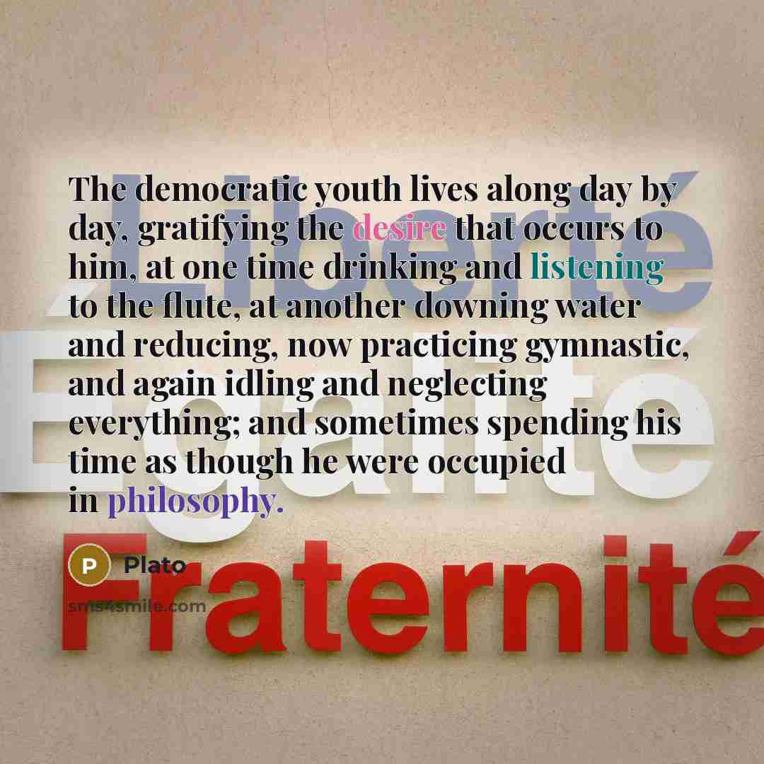 “The democratic youth lives along day by day, gratifying the…” quote by Plato