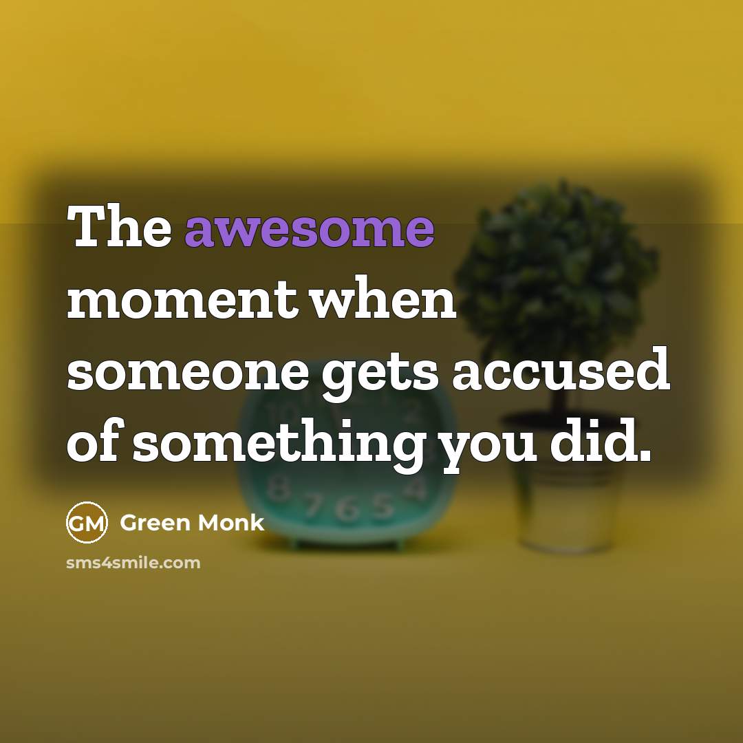 “The awesome moment when someone gets accused of something you did.” quote by Green Monk