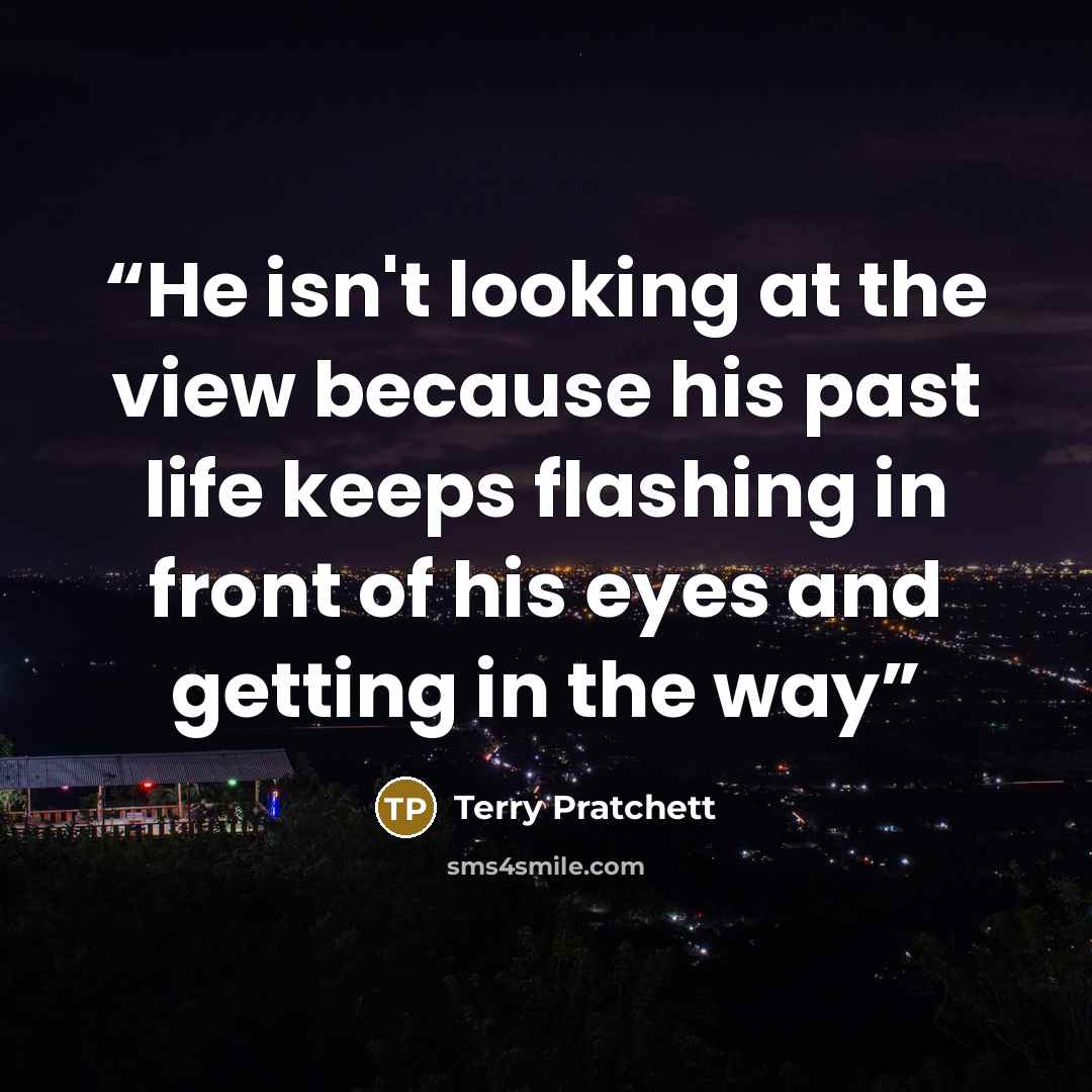 “He isn't looking at the view because his past life keeps flashing in front of his eyes and getting in the way” quote by Terry Pratchett