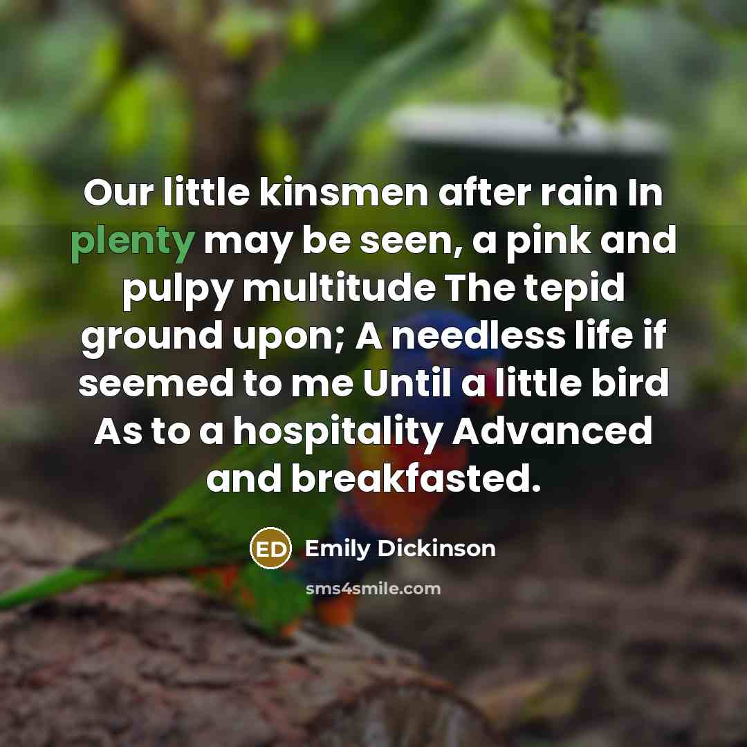 “Our little kinsmen after rain In plenty may be seen,…” quote by Emily Dickinson