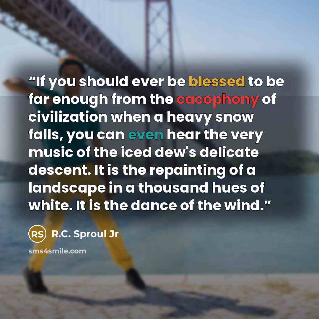 “If you should ever be blessed to be far enough from the cacophony of civilization when a heavy snow falls, you can even hear the very music of the iced dew's delicate descent. It is the repainting of a landscape in a thousand hues of white. It is the dance of the wind.” quote by R.C. Sproul Jr