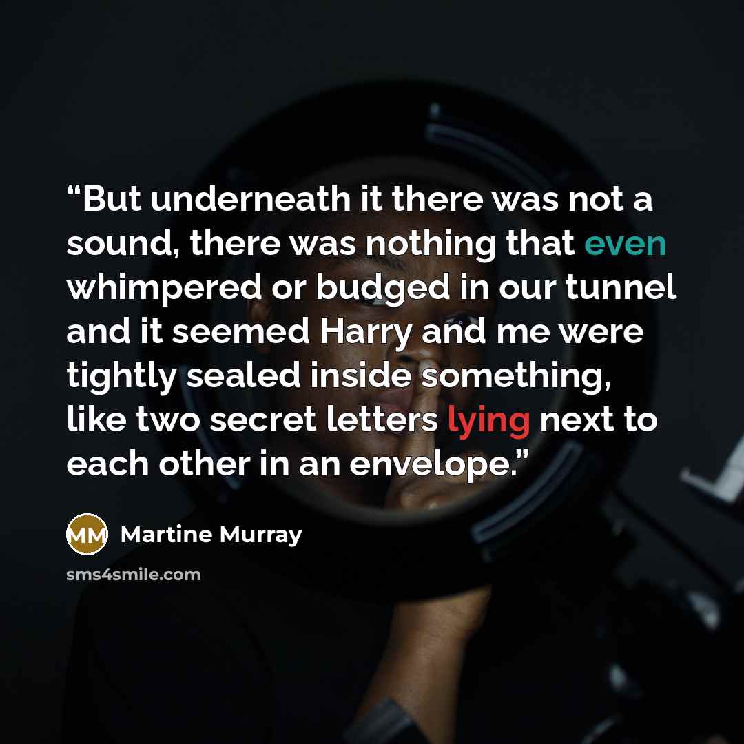 “But underneath it there was not a sound, there was nothing that even whimpered or budged in our tunnel and it seemed Harry and me were tightly sealed inside something, like two secret letters lying next to each other in an envelope.” quote by Martine Murray