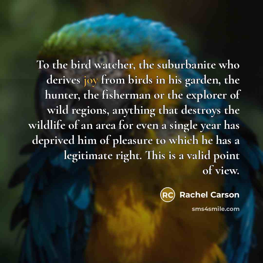 “To the bird watcher, the suburbanite who derives joy from…” quote by Rachel Carson