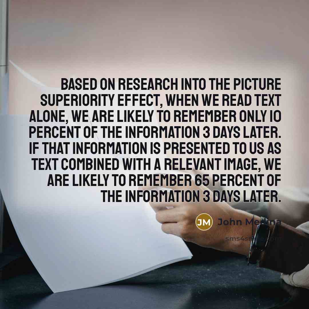 “Based on research into the Picture Superiority Effect, when we…” quote by John Medina