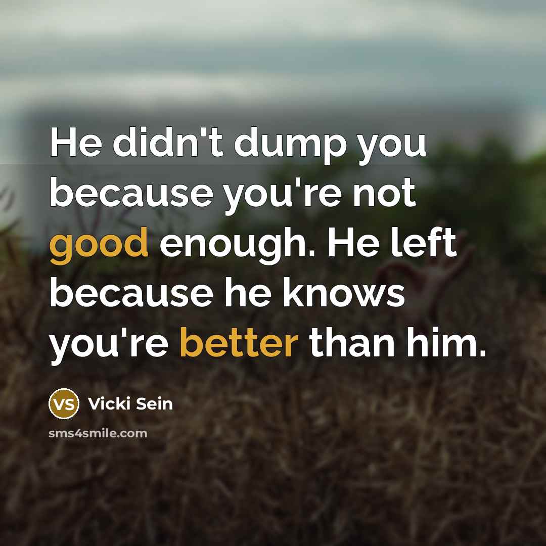 “He didn't dump you because you're not good enough. He left because he knows you're better than him.” quote by Vicki Sein