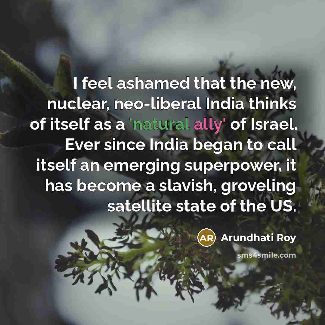 “I feel ashamed that the new, nuclear, neo-liberal India thinks…” quote by Arundhati Roy