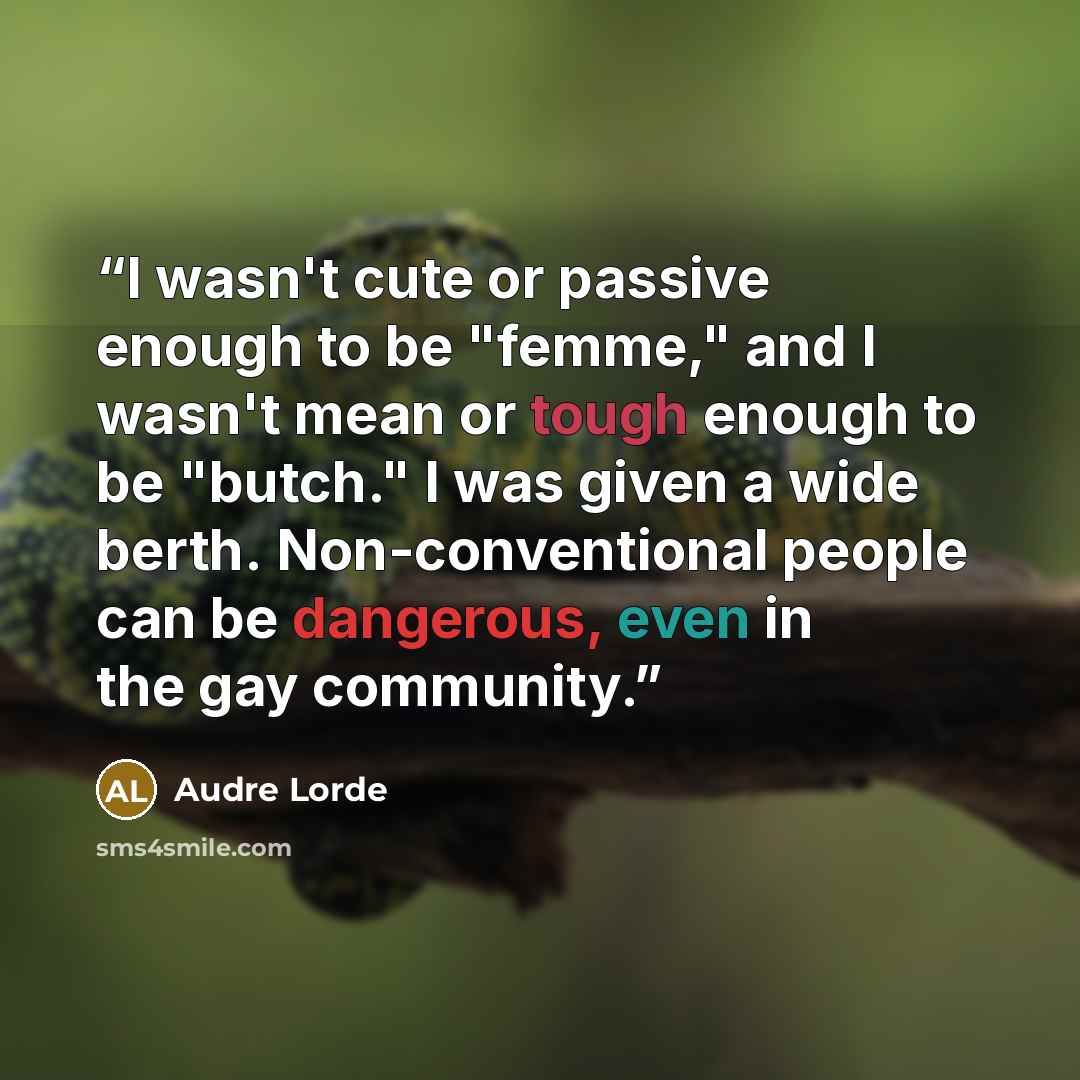 “I wasn't cute or passive enough to be "femme," and I wasn't mean or tough enough to be "butch." I was given a wide berth. Non-conventional people can be dangerous, even in the gay community.” quote by Audre Lorde