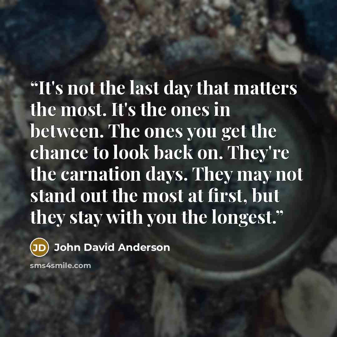 “It's not the last day that matters the most. It's the ones in between. The ones you get the chance to look back on. They're the carnation days. They may not stand out the most at first, but they stay with you the longest.” quote by John David Anderson