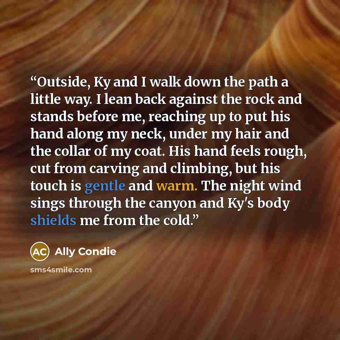 “Outside, Ky and I walk down the path a little way. I lean back against the rock and stands before me, reaching up to put his hand along my neck, under my hair and the collar of my coat. His hand feels rough, cut from carving and climbing, but his touch is gentle and warm. The night wind sings…” quote by Ally Condie