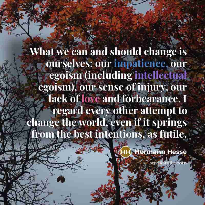 “What we can and should change is ourselves: our impatience, our egoism (including intellectual egoism), our sense of injury, our lack of love and forbearance. I regard every other attempt to change the world, even if it springs from the best intentions, as futile.” quote by Hermann Hesse