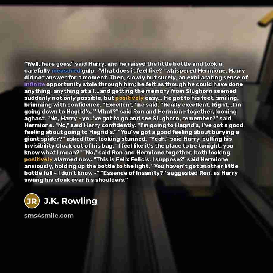 “Well, here goes," said Harry, and he raised the little bottle and took a carefully measured gulp. "What does it feel like?" whispered Hermione. Harry did not answer for a moment. Then, slowly but surely, an exhilarating sense of infinite opportunity stole through him; he felt as though he could…” quote by J.K. Rowling
