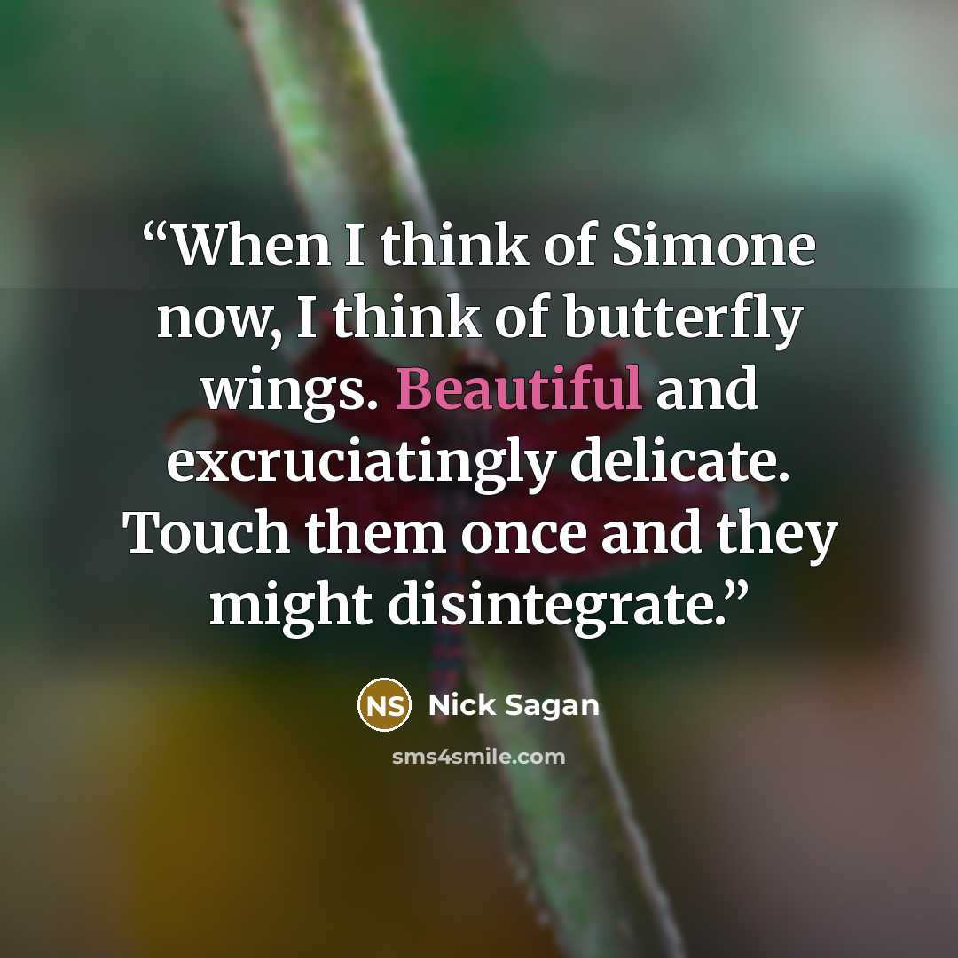 “When I think of Simone now, I think of butterfly wings. Beautiful and excruciatingly delicate. Touch them once and they might disintegrate.” quote by Nick Sagan