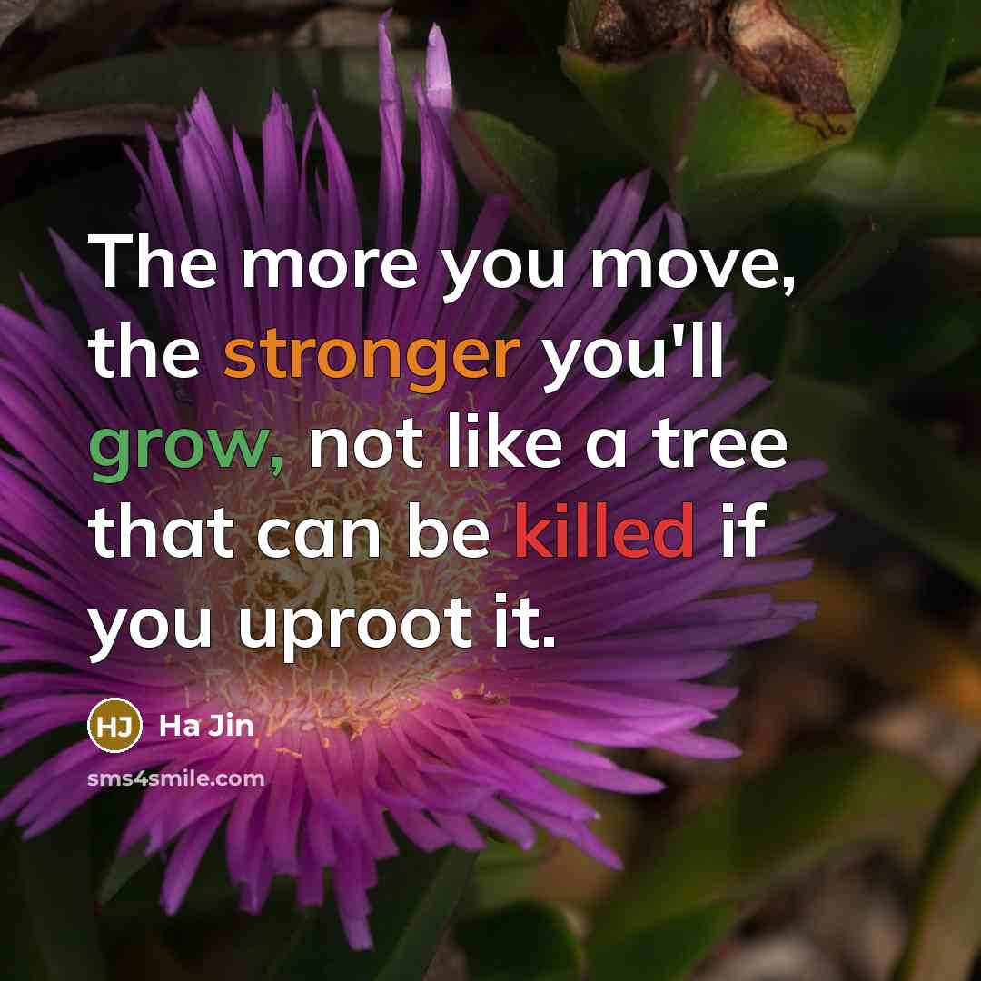 “The more you move, the stronger you'll grow, not like a tree that can be killed if you uproot it.” quote by Ha Jin
