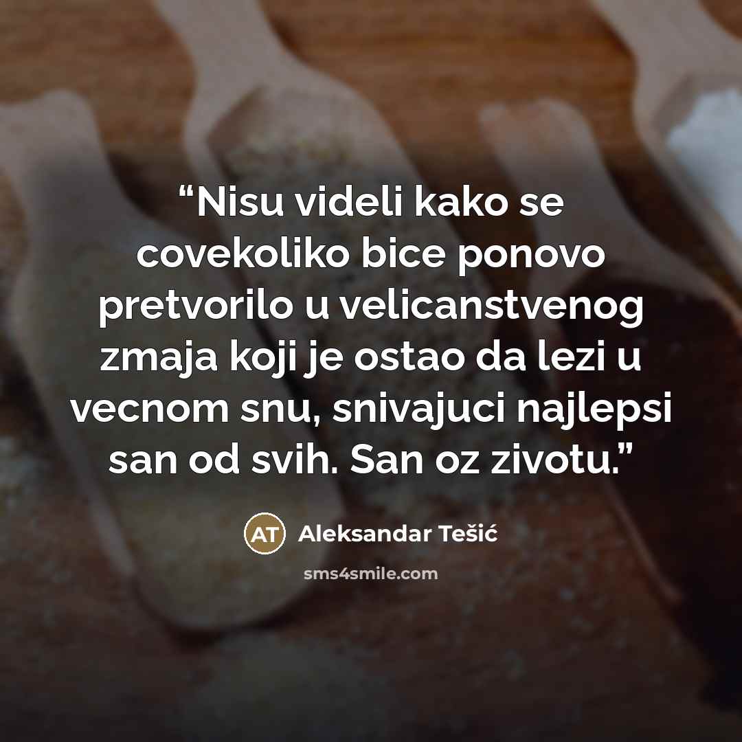 “Nisu videli kako se covekoliko bice ponovo pretvorilo u velicanstvenog zmaja koji je ostao da lezi u vecnom snu, snivajuci najlepsi san od svih. San oz zivotu.” quote by Aleksandar Tešić