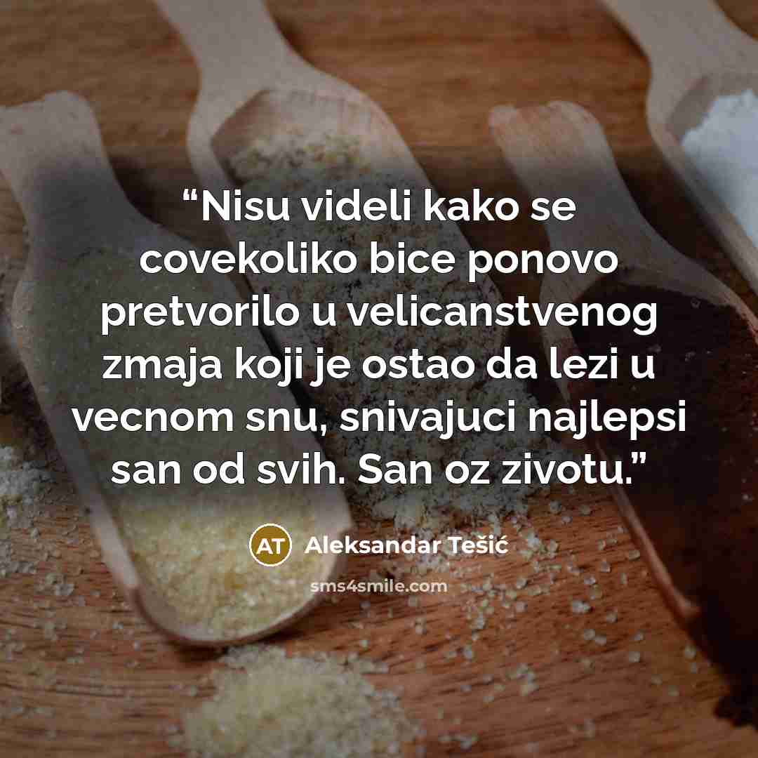 “Nisu videli kako se covekoliko bice ponovo pretvorilo u velicanstvenog zmaja koji je ostao da lezi u vecnom snu, snivajuci najlepsi san od svih. San oz zivotu.” quote by Aleksandar Tešić