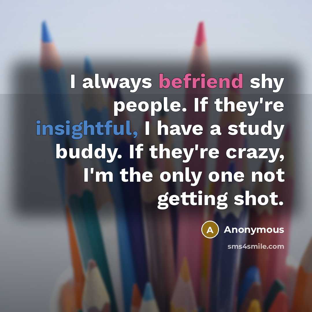 “I always befriend shy people. If they're insightful, I have a study buddy. If they're crazy, I'm the only one not getting shot.” quote by Anonymous