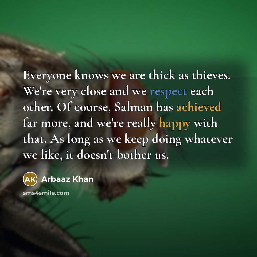 “Everyone knows we are thick as thieves. We're very close and we respect each other. Of course, Salman has achieved far more, and we're really happy with that. As long as we keep doing whatever we like, it doesn't bother us.” quote by Arbaaz Khan