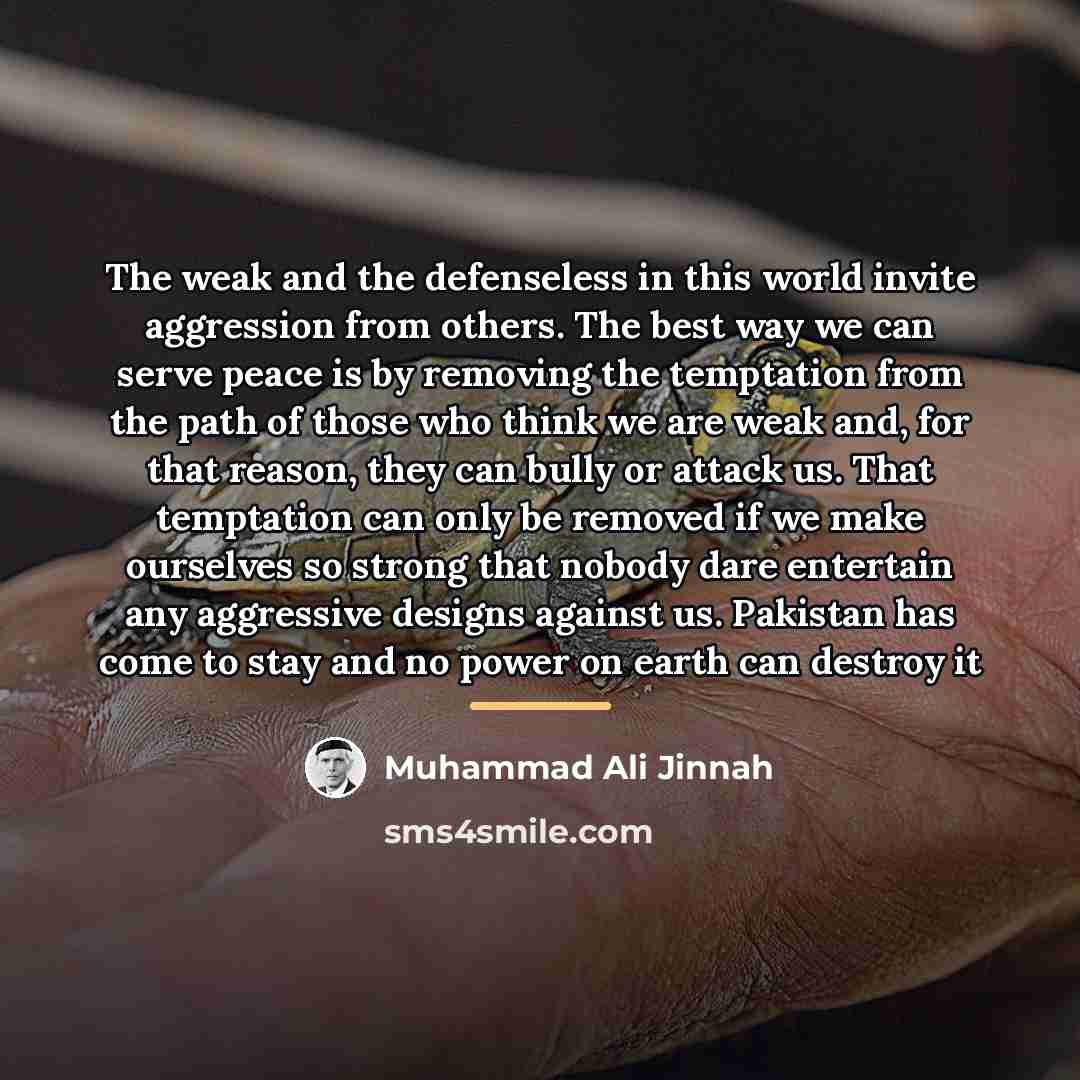“The weak and the defenseless in this world invite aggression…” quote by Muhammad Ali Jinnah