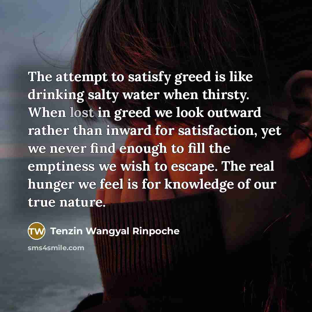 “The attempt to satisfy greed is like drinking salty water…” quote by Tenzin Wangyal Rinpoche