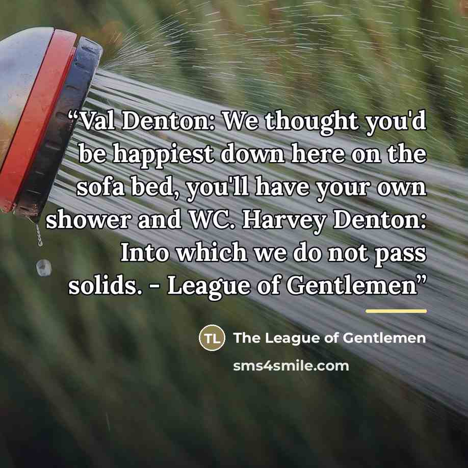 “Val Denton: We thought you'd be happiest down here on the sofa bed, you'll have your own shower and WC. Harvey Denton: Into which we do not pass solids. - League of Gentlemen” quote by The League of Gentlemen
