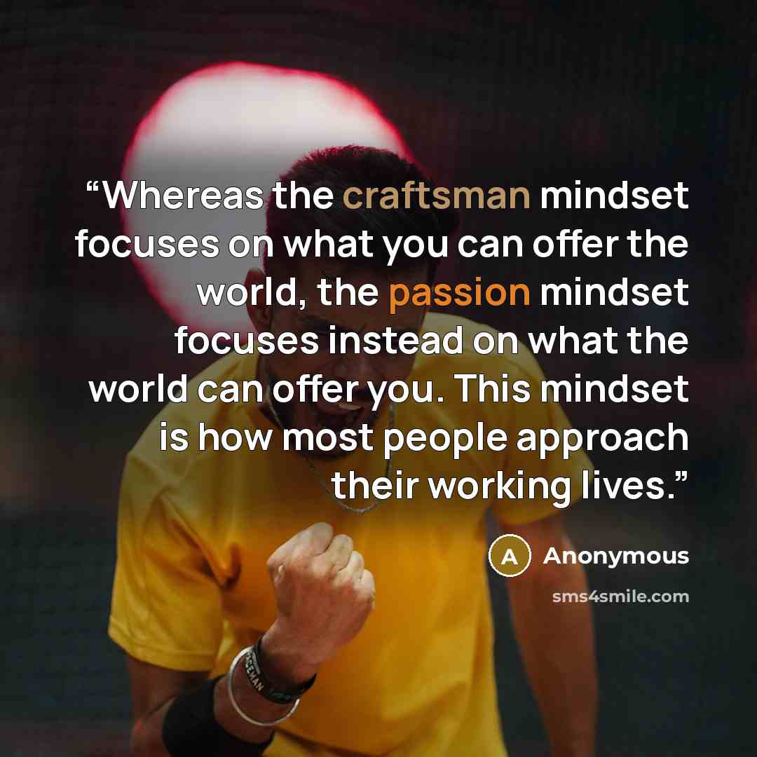 “Whereas the craftsman mindset focuses on what you can offer the world, the passion mindset focuses instead on what the world can offer you. This mindset is how most people approach their working lives.” quote by Anonymous