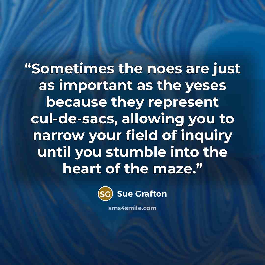“Sometimes the noes are just as important as the yeses because they represent cul-de-sacs, allowing you to narrow your field of inquiry until you stumble into the heart of the maze.” quote by Sue Grafton