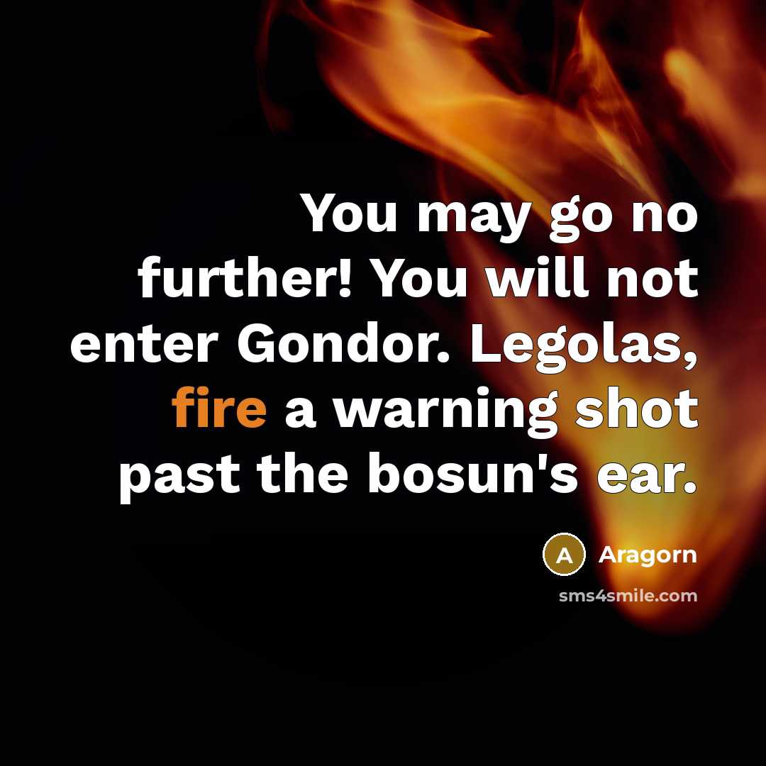 “You may go no further! You will not enter Gondor. Legolas, fire a warning shot past the bosun's ear.” quote by Aragorn