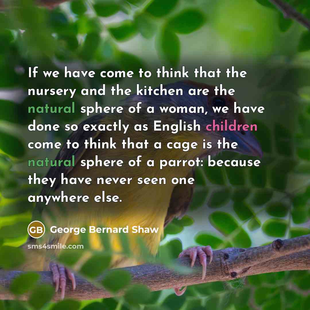 “If we have come to think that the nursery and the kitchen are the natural sphere of a woman, we have done so exactly as English children come to think that a cage is the natural sphere of a parrot: because they have never seen one anywhere else.” quote by George Bernard Shaw