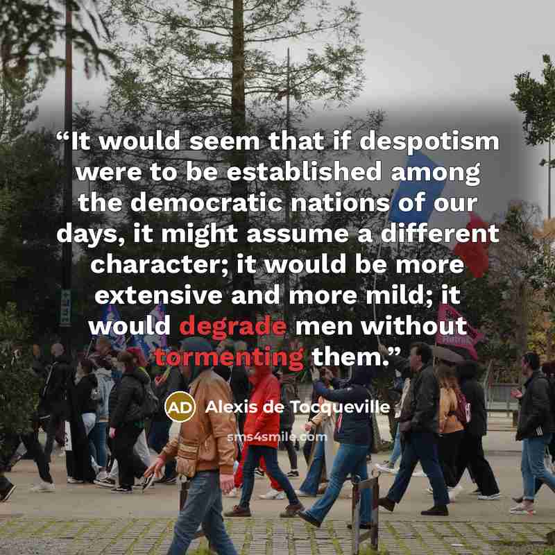 “It would seem that if despotism were to be established among the democratic nations of our days, it might assume a different character; it would be more extensive and more mild; it would degrade men without tormenting them.” quote by Alexis de Tocqueville