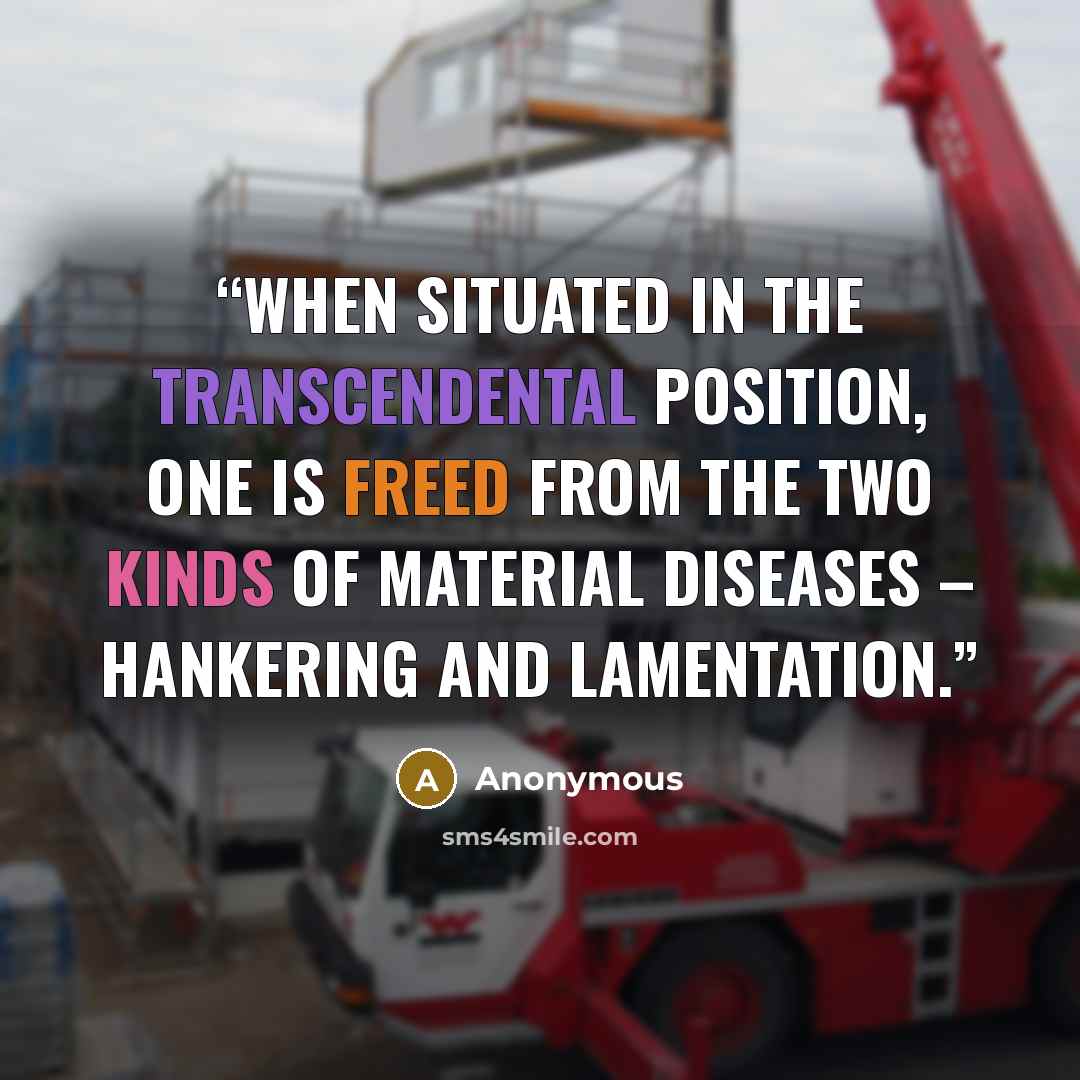 “When situated in the transcendental position, one is freed from the two kinds of material diseases – hankering and lamentation.” quote by Anonymous